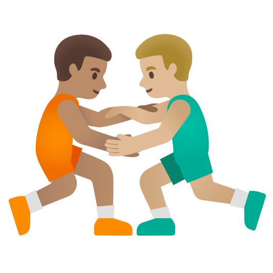 The men wrestling: medium skin tone, medium-light skin tone emoji.