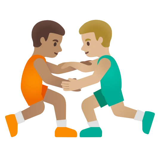 The men wrestling: medium skin tone, medium-light skin tone emoji.