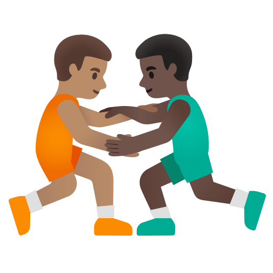 The men wrestling: medium skin tone, dark skin tone emoji.