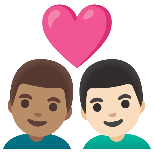 The couple with heart: man, man: medium skin tone, light skin tone emoji.
