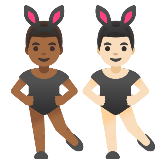 The men with bunny ears: medium-dark skin tone, light skin tone emoji.