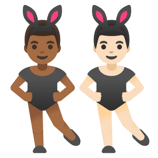 The men with bunny ears: medium-dark skin tone, light skin tone emoji.