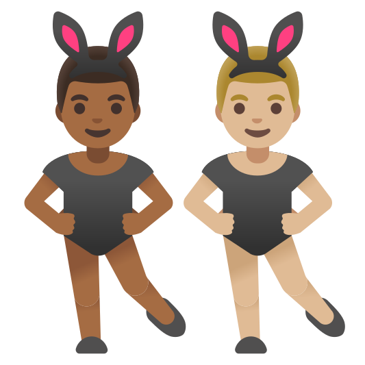 The men with bunny ears: medium-dark skin tone, medium-light skin tone emoji.