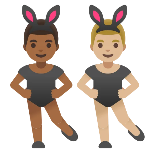 The men with bunny ears: medium-dark skin tone, medium-light skin tone emoji.