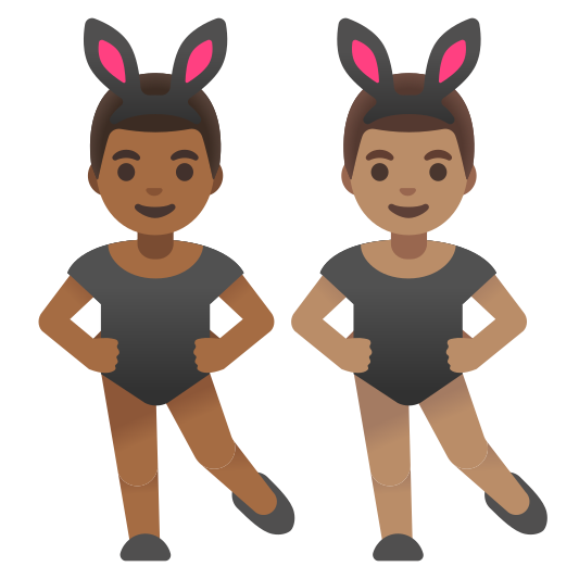 The men with bunny ears: medium-dark skin tone, medium skin tone emoji.