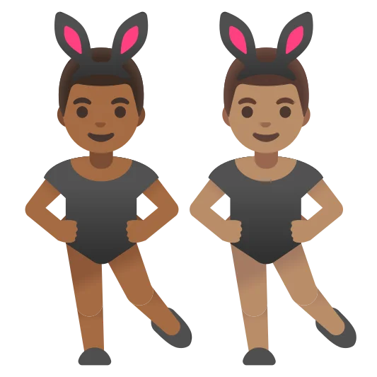 The men with bunny ears: medium-dark skin tone, medium skin tone emoji.