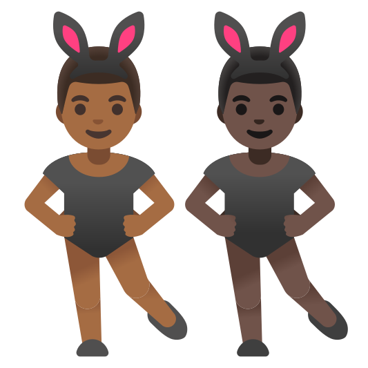 The men with bunny ears: medium-dark skin tone, dark skin tone emoji.