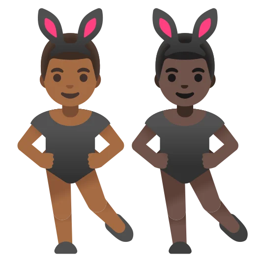 The men with bunny ears: medium-dark skin tone, dark skin tone emoji.