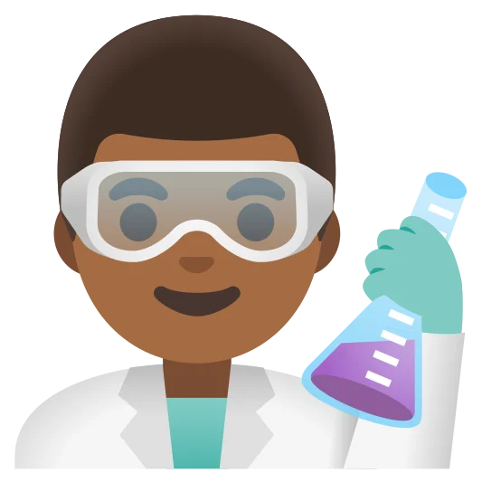 The man scientist: medium-dark skin tone emoji.