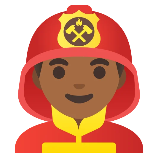The man firefighter: medium-dark skin tone emoji.