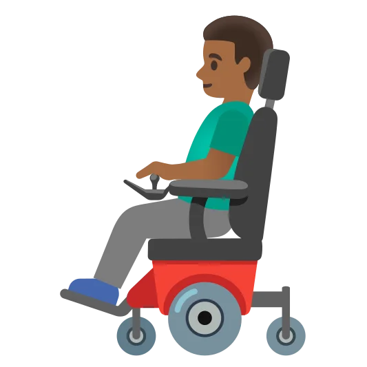 The man in motorized wheelchair: medium-dark skin tone emoji.