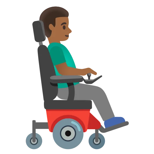 The man in motorized wheelchair facing right: medium-dark skin tone emoji.