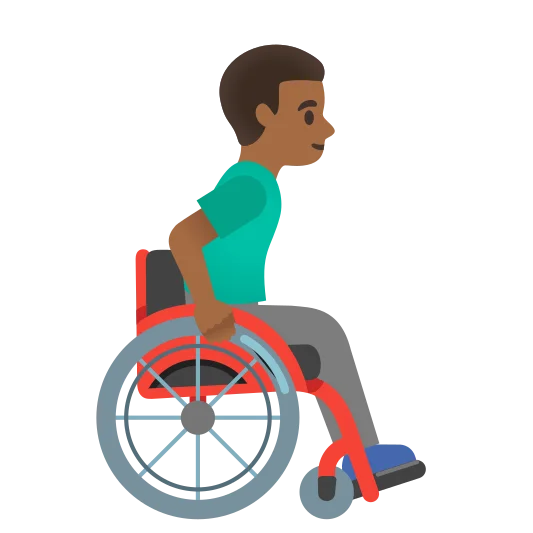 The man in manual wheelchair facing right: medium-dark skin tone emoji.