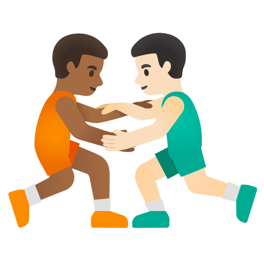 The men wrestling: medium-dark skin tone, light skin tone emoji.