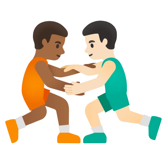 The men wrestling: medium-dark skin tone, light skin tone emoji.