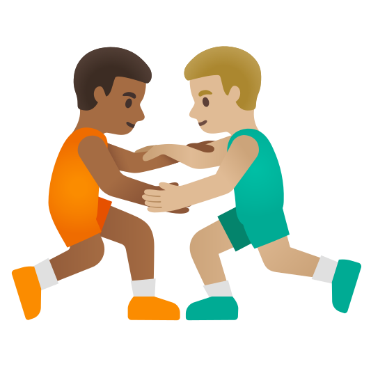 The men wrestling: medium-dark skin tone, medium-light skin tone emoji.