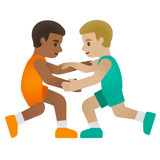 The men wrestling: medium-dark skin tone, medium-light skin tone emoji.
