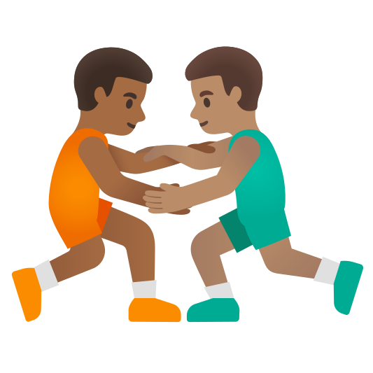 The men wrestling: medium-dark skin tone, medium skin tone emoji.