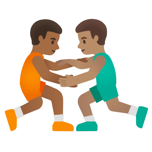 The men wrestling: medium-dark skin tone, medium skin tone emoji.