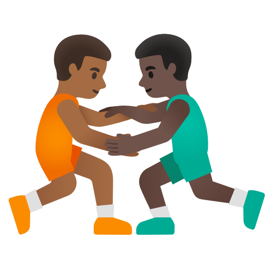 The men wrestling: medium-dark skin tone, dark skin tone emoji.