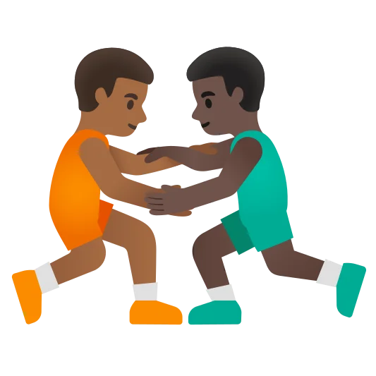 The men wrestling: medium-dark skin tone, dark skin tone emoji.