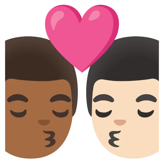 The kiss: man, man: medium-dark skin tone, light skin tone emoji.