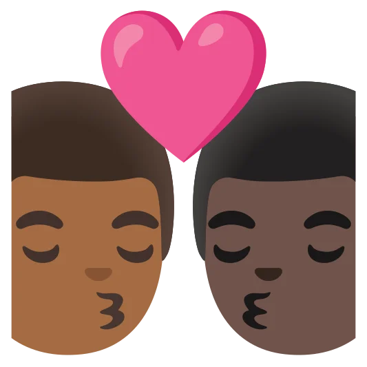 The kiss: man, man: medium-dark skin tone, dark skin tone emoji.
