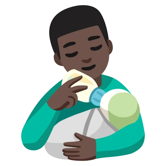 The man feeding baby: dark skin tone emoji.