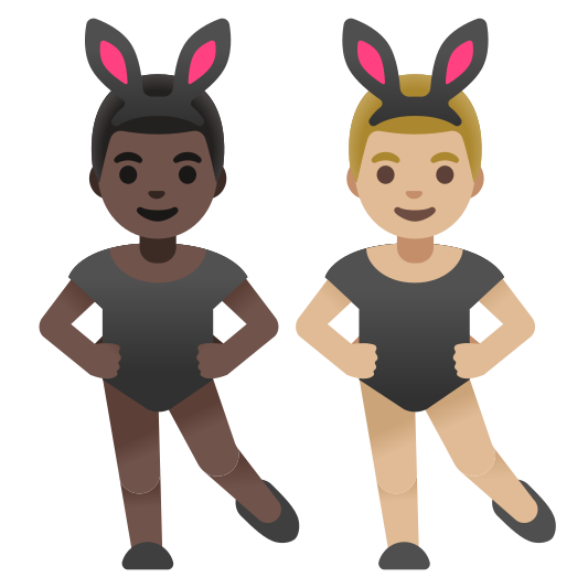 The men with bunny ears: dark skin tone, medium-light skin tone emoji.