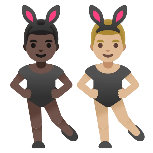 The men with bunny ears: dark skin tone, medium-light skin tone emoji.