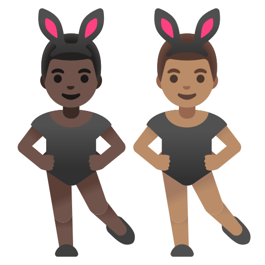 The men with bunny ears: dark skin tone, medium skin tone emoji.