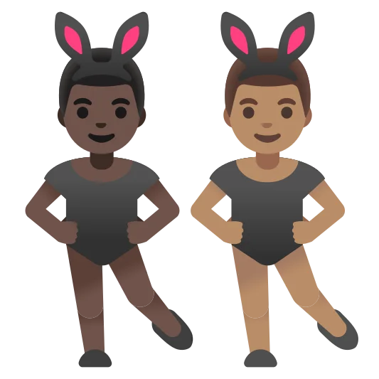 The men with bunny ears: dark skin tone, medium skin tone emoji.