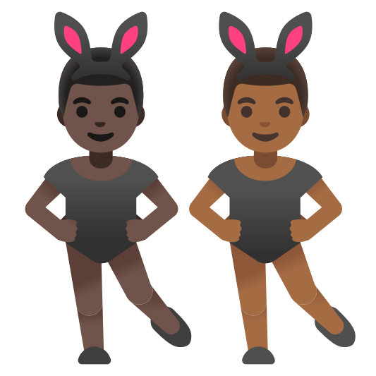 The men with bunny ears: dark skin tone, medium-dark skin tone emoji.