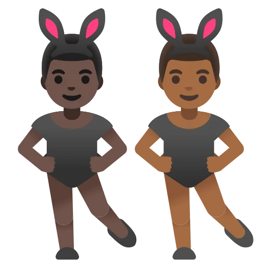 The men with bunny ears: dark skin tone, medium-dark skin tone emoji.