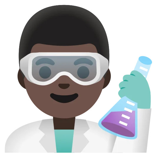 The man scientist: dark skin tone emoji.