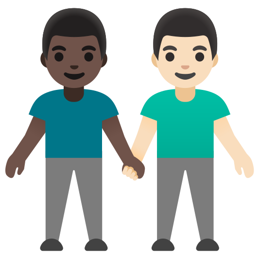 The men holding hands: dark skin tone, light skin tone emoji.