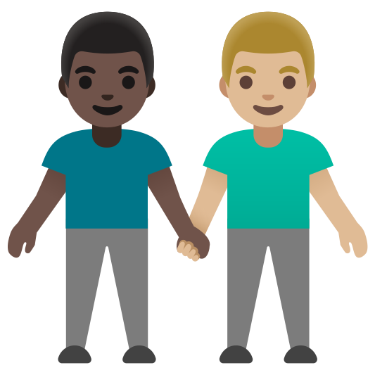 The men holding hands: dark skin tone, medium-light skin tone emoji.