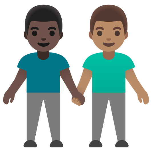 The men holding hands: dark skin tone, medium skin tone emoji.