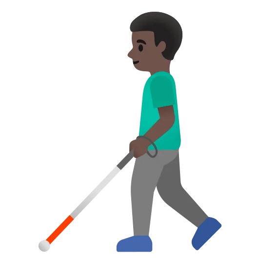 The man with white cane: dark skin tone emoji.