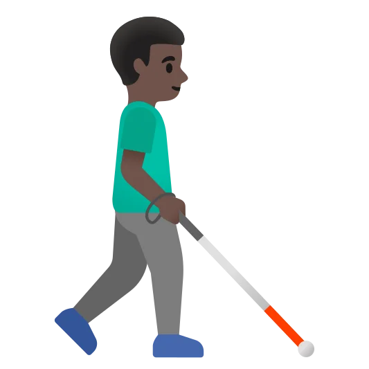 The man with white cane facing right: dark skin tone emoji.