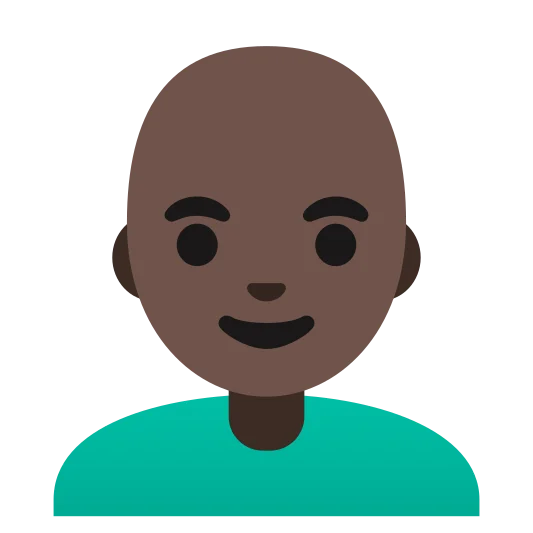 The man: bald: dark skin tone emoji.
