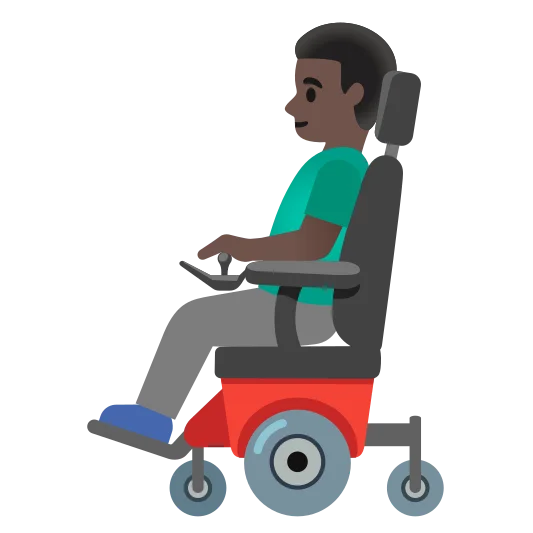 The man in motorized wheelchair: dark skin tone emoji.