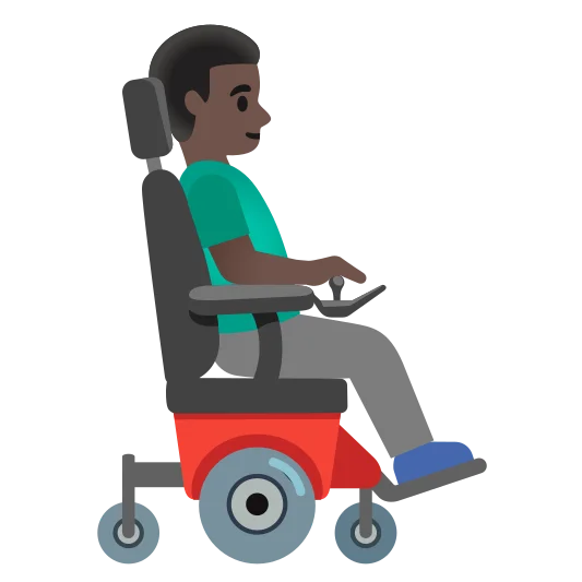 The man in motorized wheelchair facing right: dark skin tone emoji.