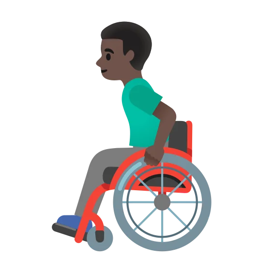 The man in manual wheelchair: dark skin tone emoji.