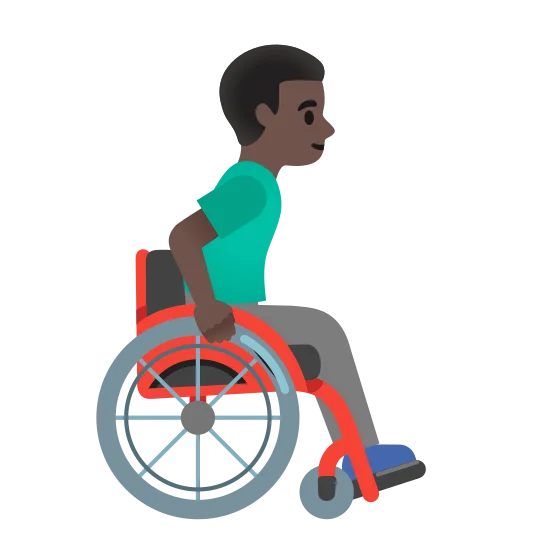 The man in manual wheelchair facing right: dark skin tone emoji.