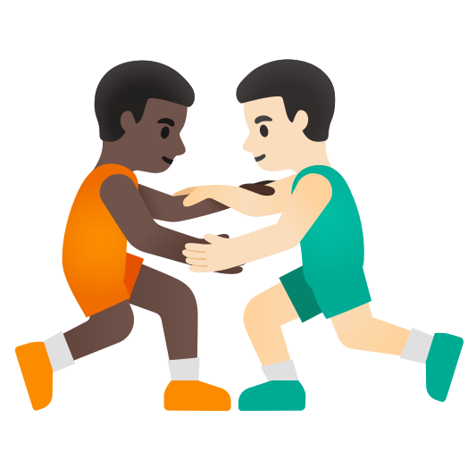 The men wrestling: dark skin tone, light skin tone emoji.