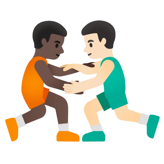 The men wrestling: dark skin tone, light skin tone emoji.