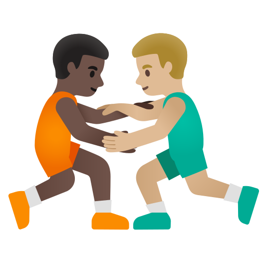 The men wrestling: dark skin tone, medium-light skin tone emoji.