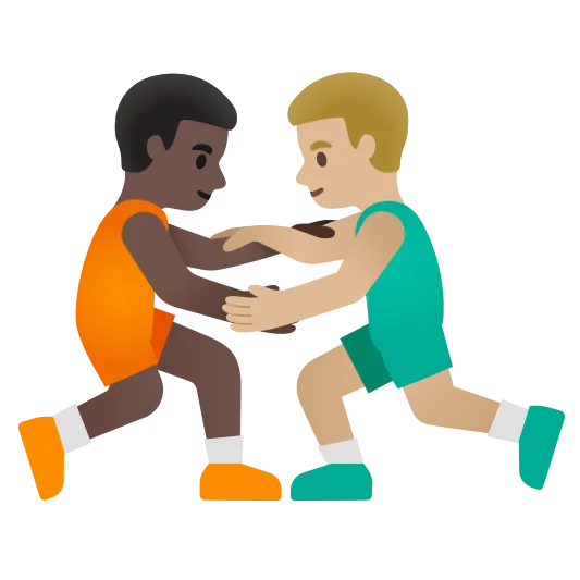 The men wrestling: dark skin tone, medium-light skin tone emoji.