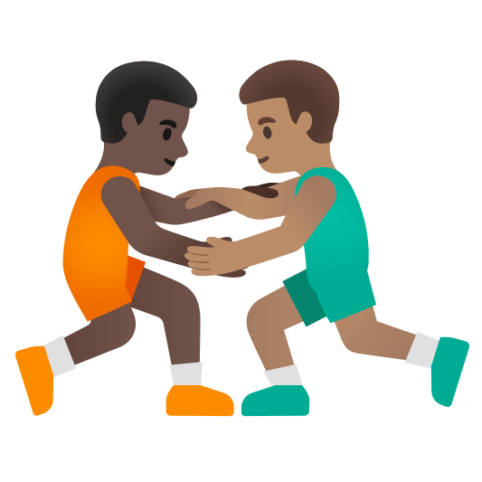 The men wrestling: dark skin tone, medium skin tone emoji.